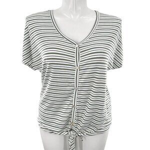 CUPIO GREEN & WHITE STRIPE SHORT SLEEVE TIE FRONT BUTTON DOWN TOP - L